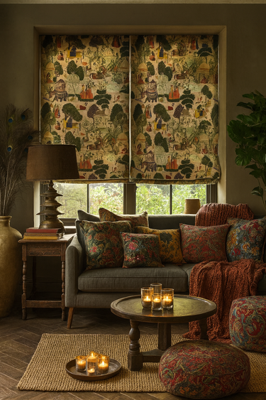 Cozy living room with patterned roman blinds, candles, and decorative pillows.